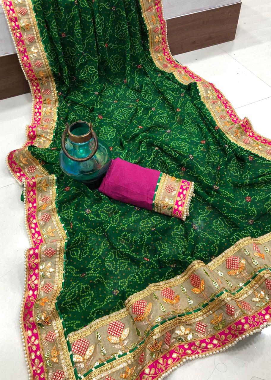 Bandhani sarees with kundan work best sale online